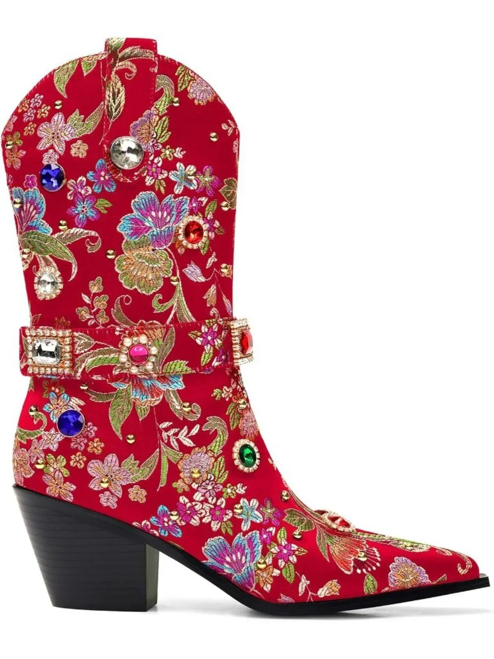 Women's Red Western Floral Embroidery Rhinestone Sparkly Cowgirl Mid Calf Boot